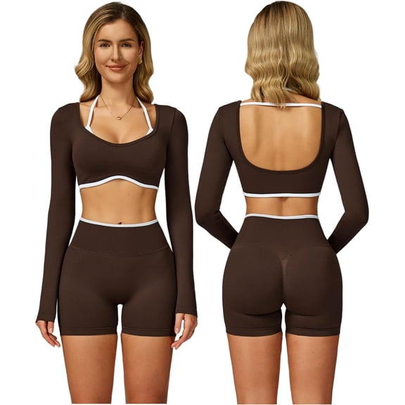 AEXTO Womens Workout Sets Two Piece Seamless Color Block Long Sleeve Top High Waist Shorts Fall Winter Gym Work Out Clothes