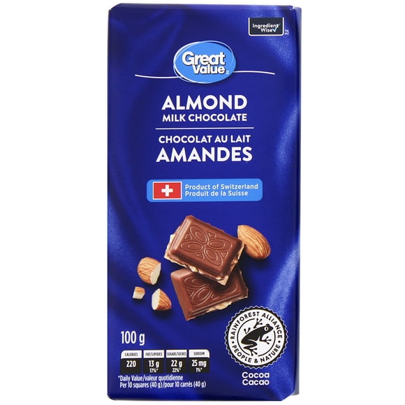 Chocolat au lait aux amandes de Great Value 100 g