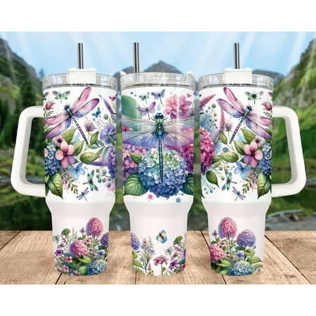 

40oz Stainless Steel Tumbler with Dragonflies and Beautiful Flowers