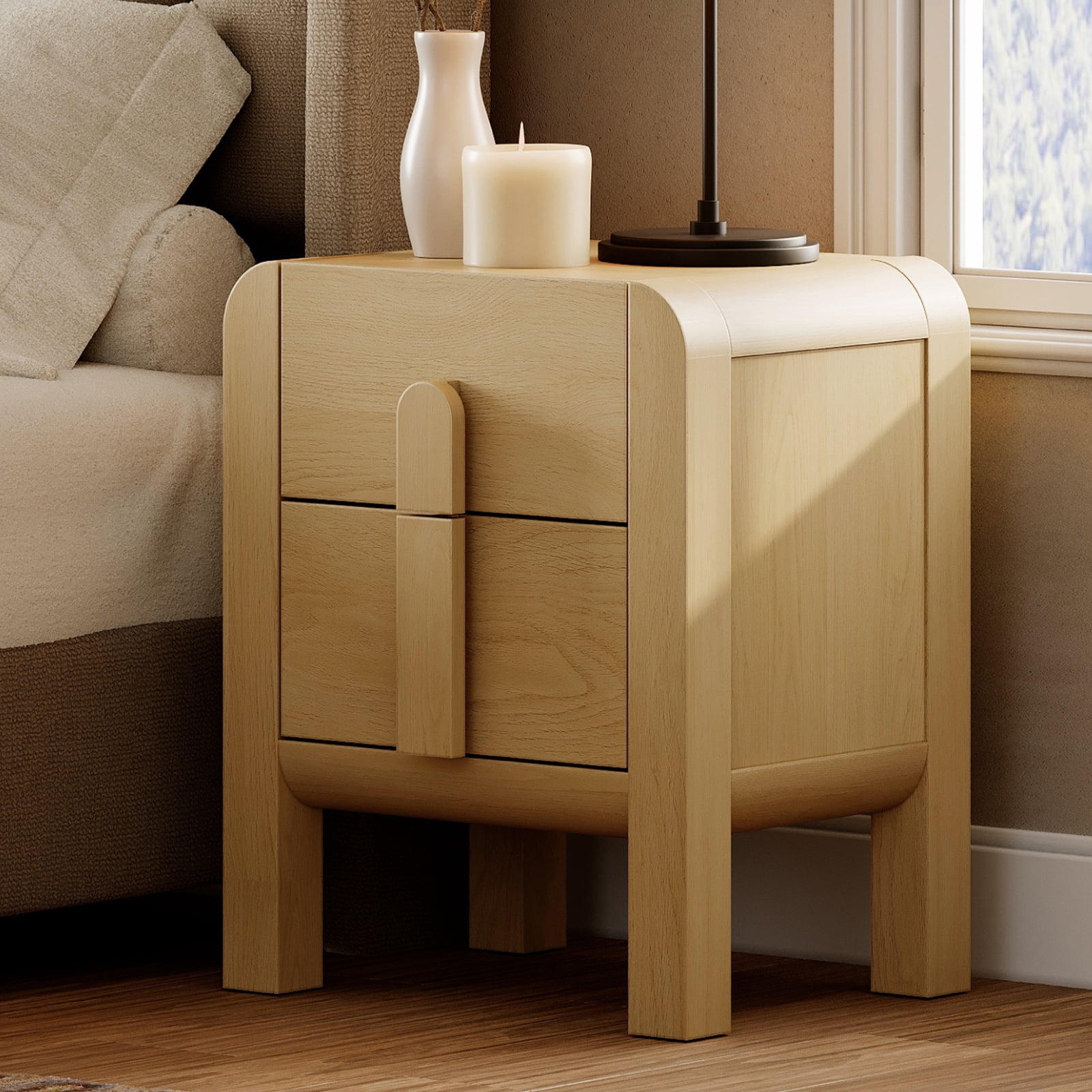 Mid-Century Modern Wood Nightstand with 2 Drawers ,Curved End Table with Built-In Charging Station for Bedroom, Living Room,Entryway