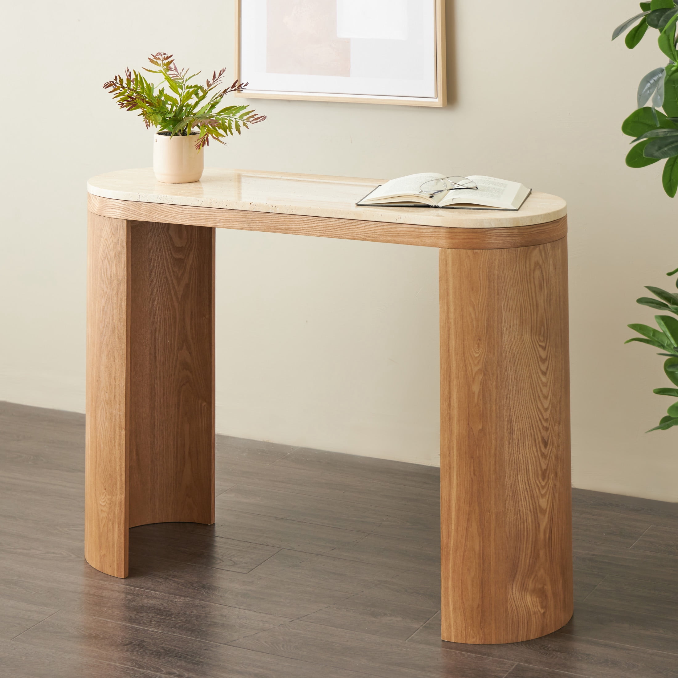 DecMode 44" x 32" Brown Wood Curved Crescent Console Table with Oval Beige Marble Tabletop, 1-Piece