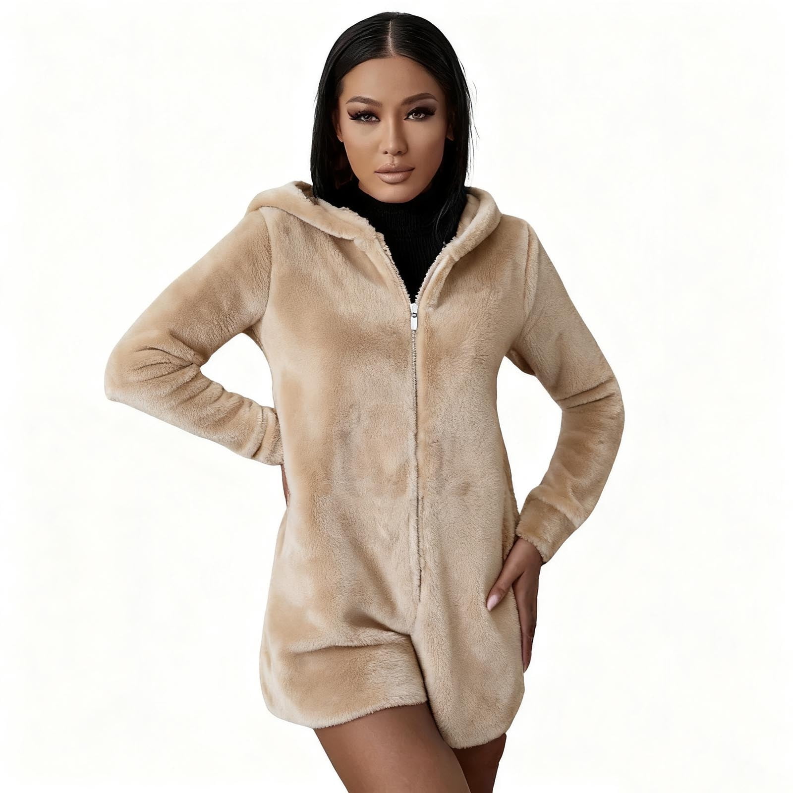 Fuzzy Shorts Jumpsuit for Women Fleece Onesie Pajamas Warm Sherpa Romper Sleepwear One Piece Zip Bear Hooded Playsuit Loungewear
