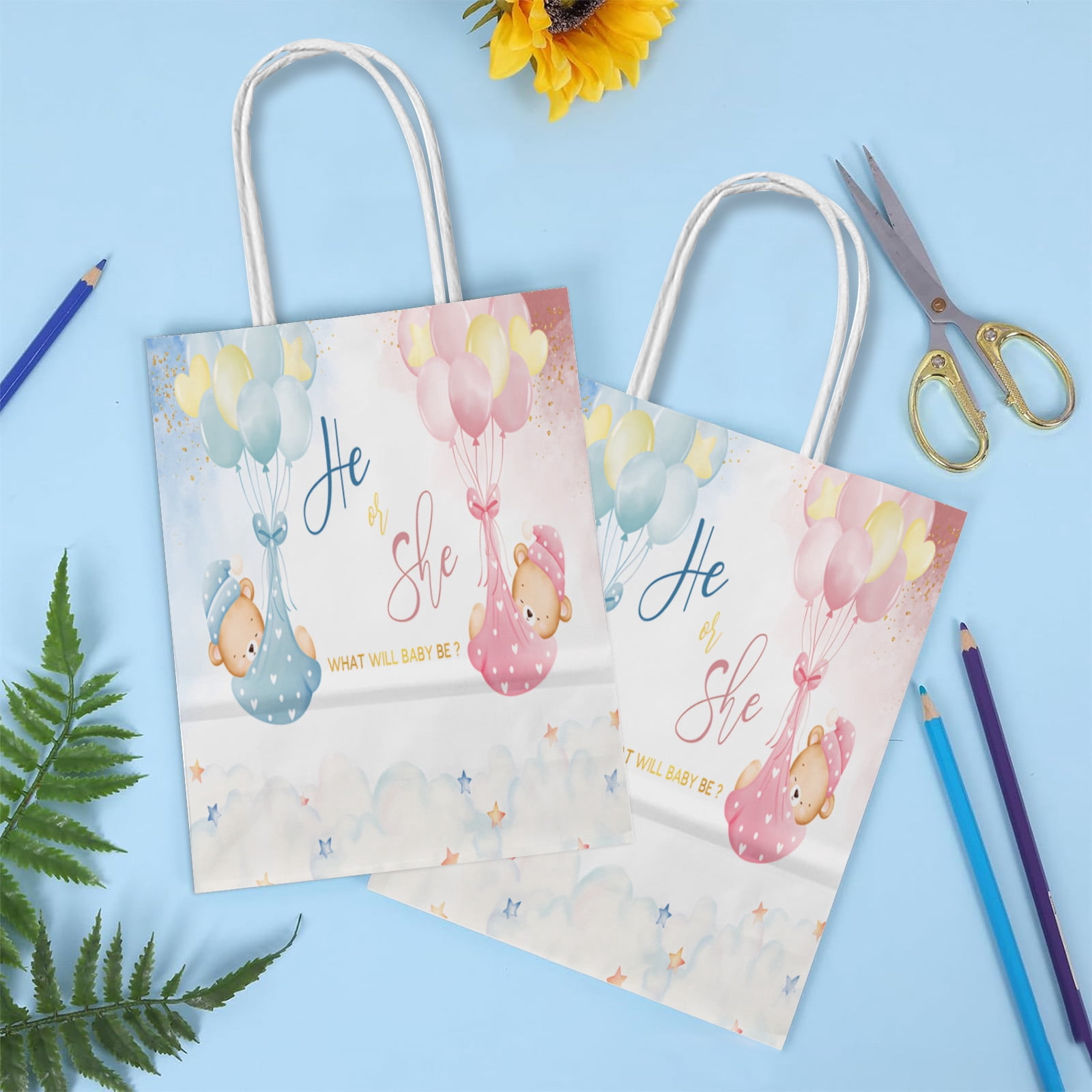 20Pcs Bear Gender Reveal Party Favor Bags, He or She What Will Baby Be Blue Pink Baby Shower Watercolor Boy or Girl Cute Cartoon Ballon Sky Decorations