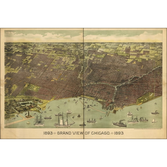 24"x36" Gallery Poster, 1893 birdseye view map of Chicago