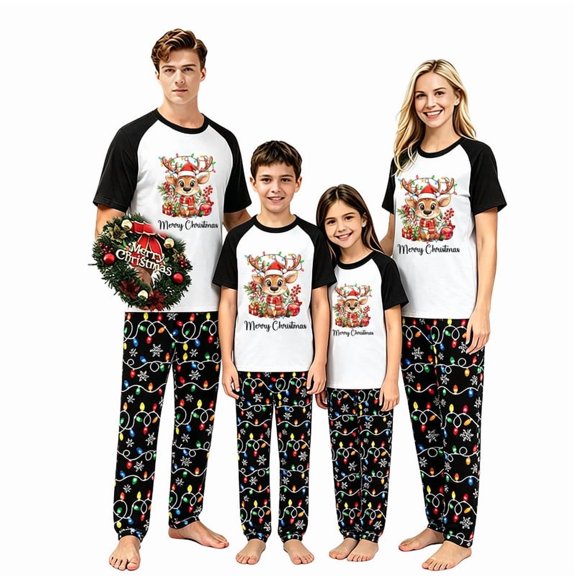 LuLiaMenton Matching Family Christmas Pajamas, Reindeer & Lights Print Short Sleeve Set