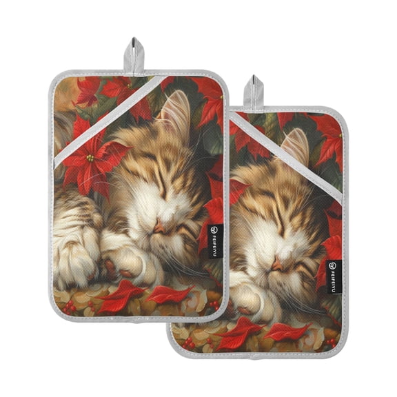 BZSMCE Pot Holder Oven Mitts Cooking Baking Dreamy Tabby Nestled in Poinsettias Creative Pattern Size:7x9.8in