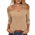 thumbnail image 2 of ClodeEU Women's V Neck 3/4 Sleeve Off-Shoulder Top, Fashion Solid Color Casual Fit T-Shirt Khaki,Women's Plus XL, 2 of 5