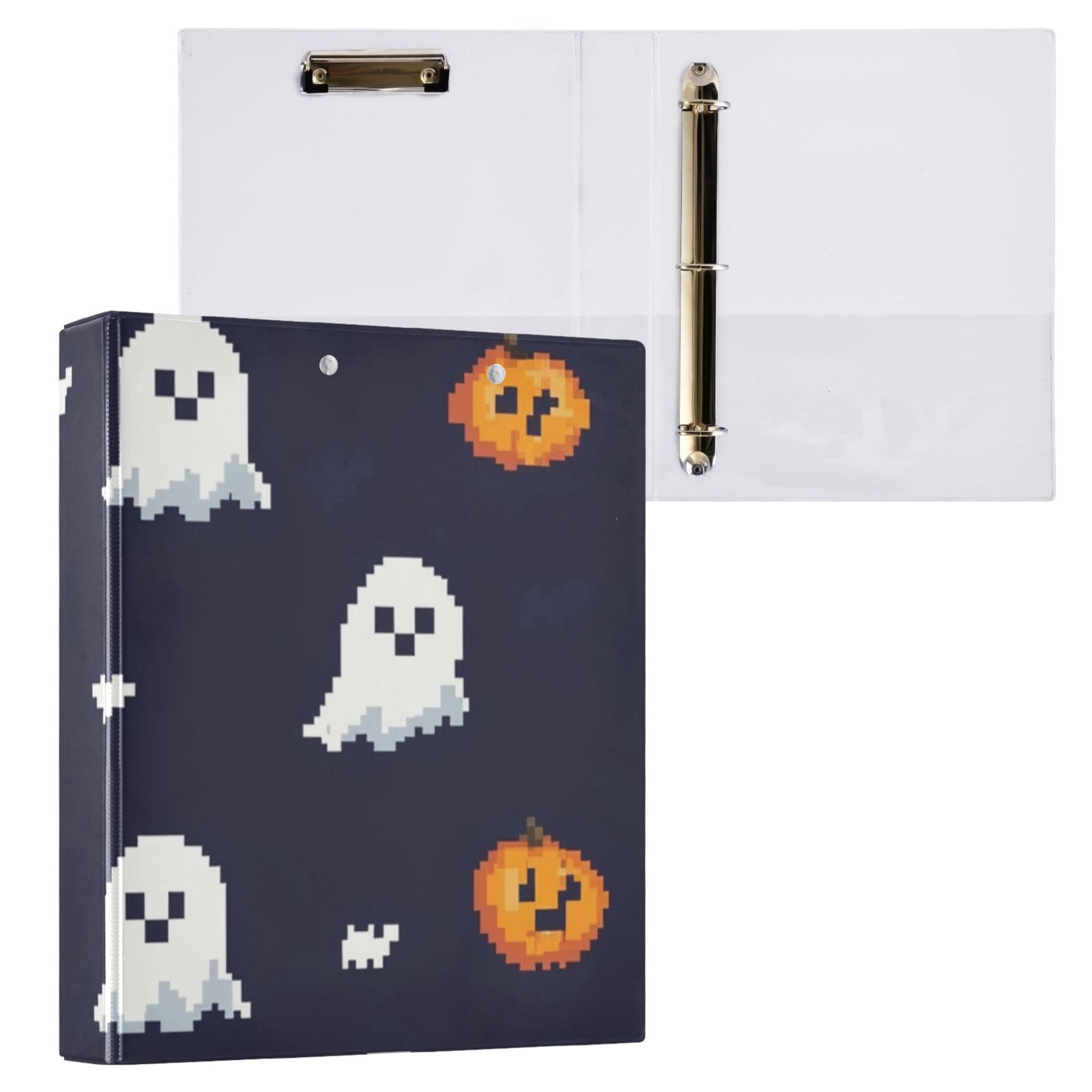 Pixel Ghosts and Pumpkins 3 Ring Binders 1.5 inch Hardcover File Folders with Interior Pockets A4 Size Organizer for School Office Hospital
