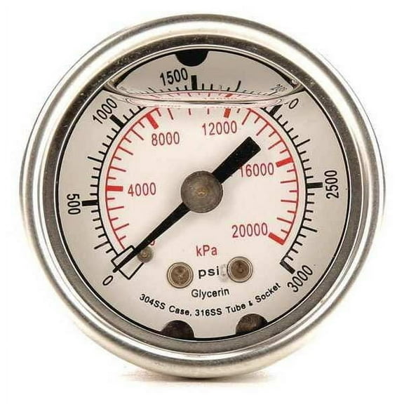 Pressure Gauge, 0 to 3000 psi, 1/8 in MNPT, Stainless Steel, Silver(4CFN4)