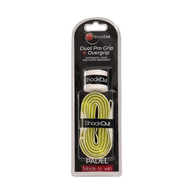 Grip Dual Pro + Overgrip ShockOut Blanco Amarillo con Sistema de Absorción de Impacto para Deportes