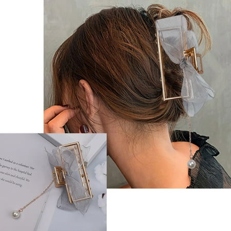 

HAXMNOU Bow Ribbon Pearl Pendant Tassel Hair Claws Hair Accessories Metal Clip Hair Clip On The Back Of The Head