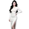 thumbnail image 5 of Women Sexy Long Sleeve High Slit V Neck Dress Wedding Party Club Dresses, 5 of 6