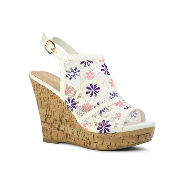 BLISSFUL STEP Chaussures pour Femmes à Bout Ouvert à Plateforme Talon Lacets Sandales Compensées Blanc Violet 8