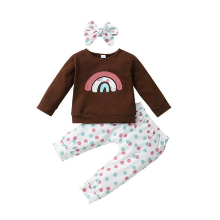 

Toddler Girls Outfit Kids Baby Long Sleeve Patchwork Rainbow Sweatshirt Blouse Tops Polka Dot Pants Trousers With Headbands Clothes Set 3Pcs Outfits