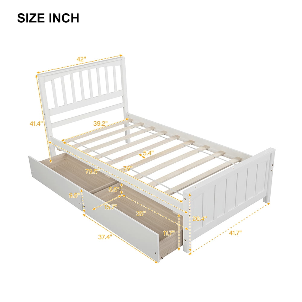 Kepooman Twin size Solid Wood Bed Frame with 2 Drawers & Headboard & Footboard for Bedroom, 79.5"L x 42"W x 41.4"H, White Kepooman Twin size Solid Wood Bed Frame with 2 Drawers & Headboard & Footboard for Bedroom, 79.5"L x 42"W x 41.4"H, White