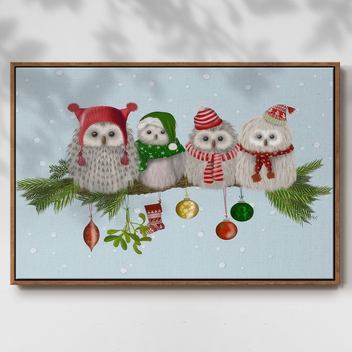 Christmas Fluffy Christmas Owls on Branch - Framed Gallery Wrapped Holiday Canvas - 17 x 25 - Rosewood Frame
