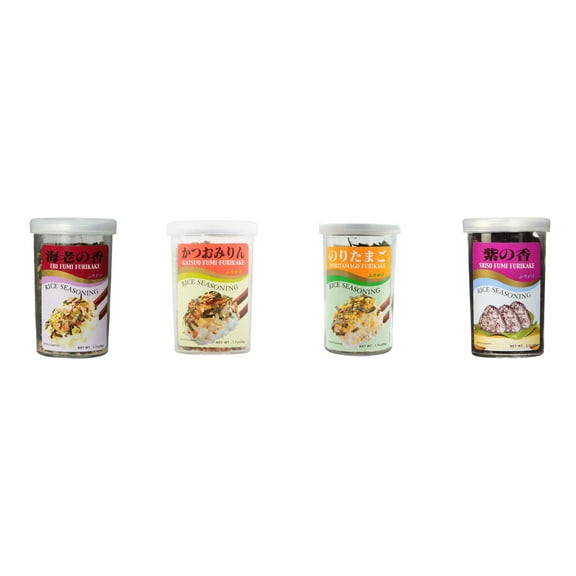 Ajishima JFC Rice Seasoning Fumi Furikake 4 Flavor Mixed Bundle (EBI,Katsuo,Noritamago,Shiso) Plus NineChef Brand Long Handle Coffee Spoon