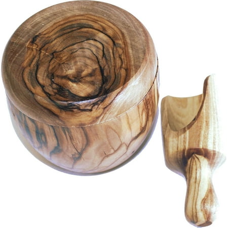 Spoon Salt Keeper Olive wood Salt Cellar with Olive wood Salt Spoon set ( 3 Inch each ) - Asfour Outlet Trademark ()