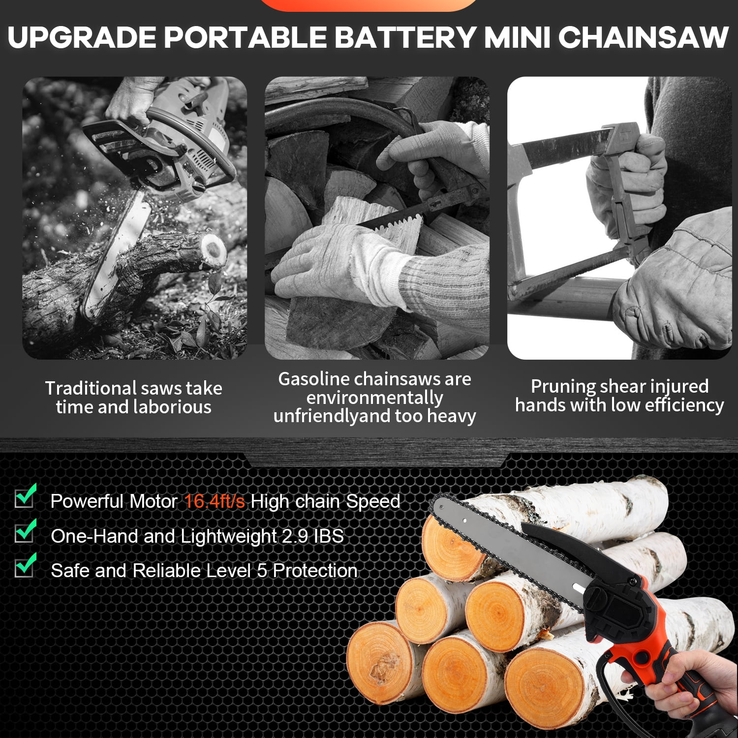 Mini Chainsaw 8 inch, HDJ Mini Chainsaw Cordless with 2PCS Batteries, Electric Chainsaw Portable One-Hand for Wood Cutting Tree Branch Trimming