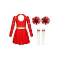 thumbnail image 4 of Aislor Kids Girls Cheer Leader Costume Cold Shoulder Long Sleeve Cheerleading Uniform Dress with Pom Pom Stocks B Red 8, 4 of 7