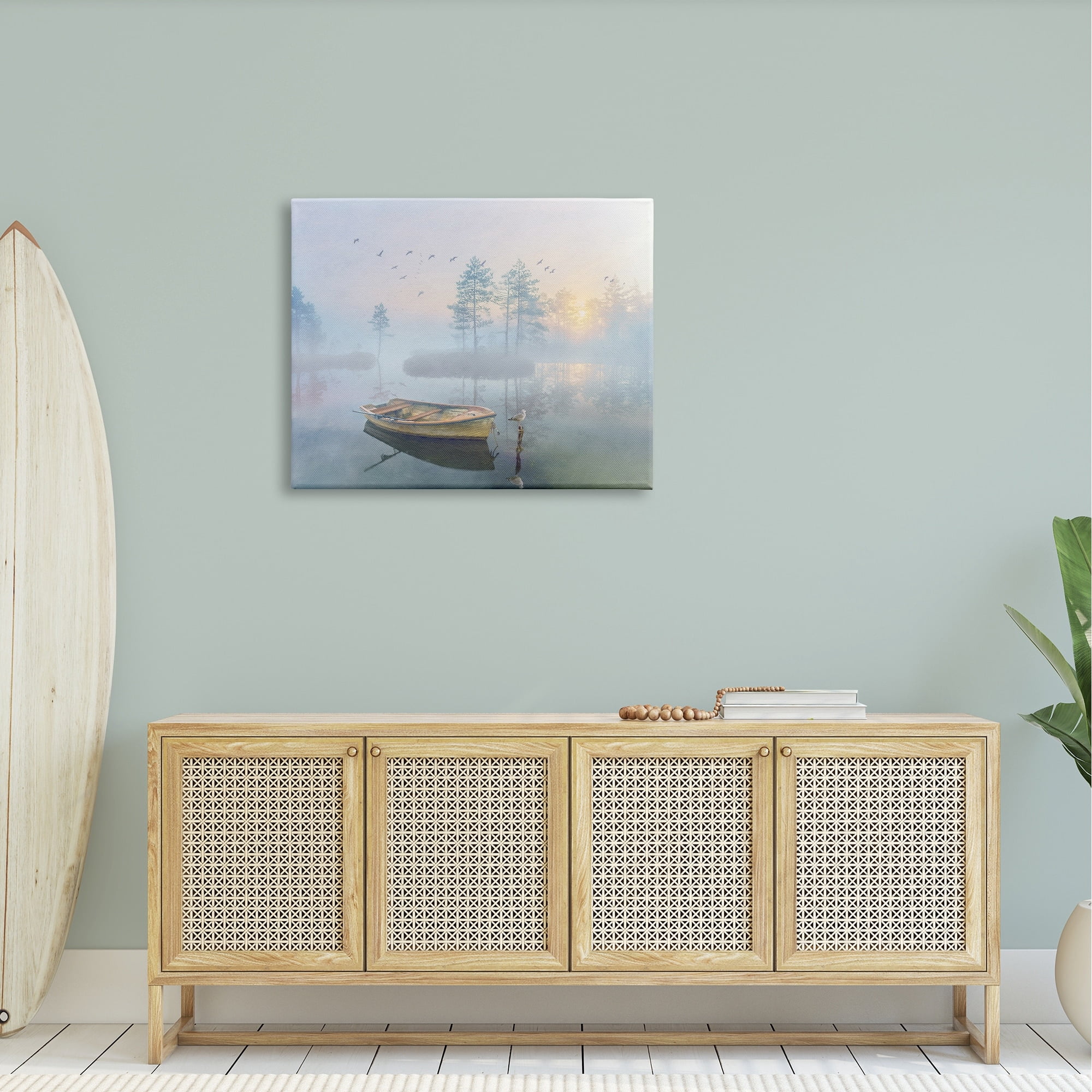 Stupell Dinghy Boat Foggy Pond Reflection Landscape Painting Gallery Wrapped Canvas Print Wall Art