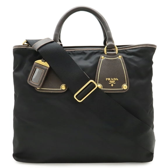 Pre-Owned PRADA Tote Bag, Handbag, Shoulder Nylon and Leather, NERO (Black), Brown, BN1260