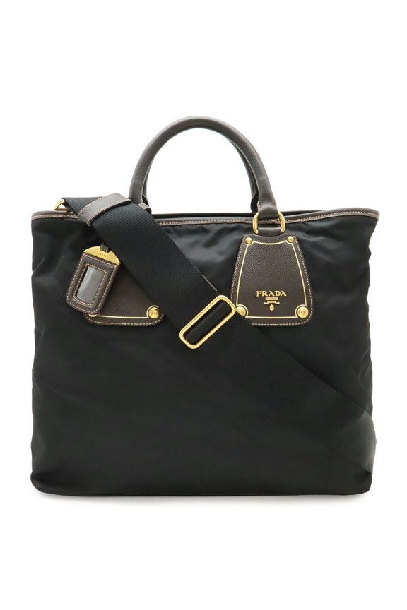 Pre-Owned PRADA Tote Bag, Handbag, Shoulder Nylon and Leather, NERO (Black), Brown, BN1260
