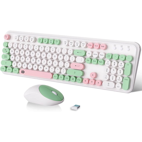 2.4GHz Keyboard and Set with Button - Full-Size Keyboard - Compatible for Windows/Laptop/PC/Notebook/ TV and - White Green