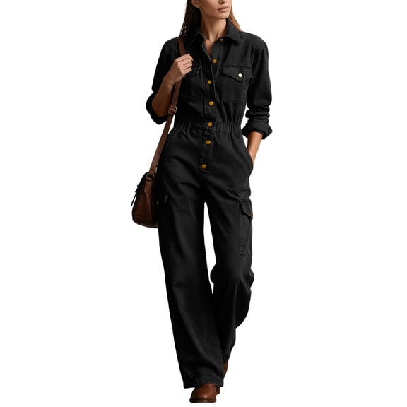 Wovilon Women's Casual Cargo Jumpsuit, Long Sleeve Button-Down Collared Utility One-Piece with Elastic Waist, Relaxed Fit Straight Leg Workwear Romper for Fall and Winter Travel