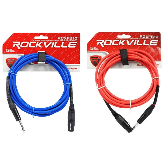 Red and Blue Rockville 10' Female Rean XLR to 1/4'' TRS Balanced Cables OFC