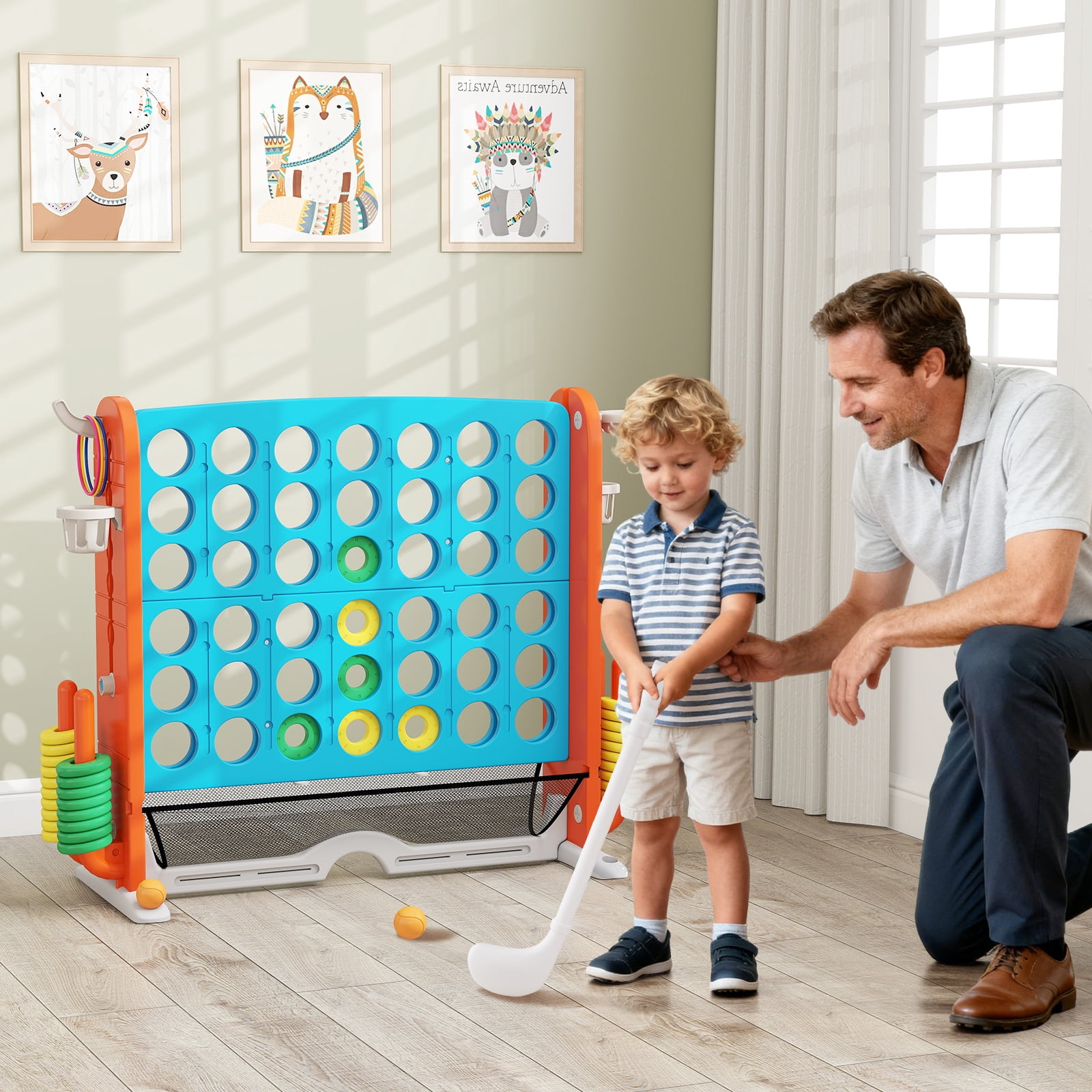 Patiojoy Giant 4-in-A-Row Connect Game Set Height Adjustable 4-to-Score Game Light Blue & Gray