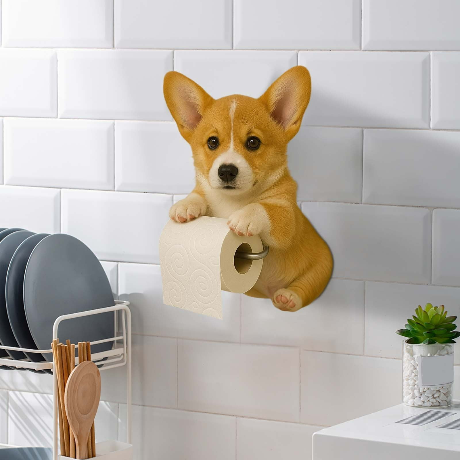 Dog Toilet Paper Holder Resin Wall-Mounted Animal Theme Bathroom Functional Decor Novelty Sculpture Home Restroom Tissue Dispenser 6.3x4.72x8.66in