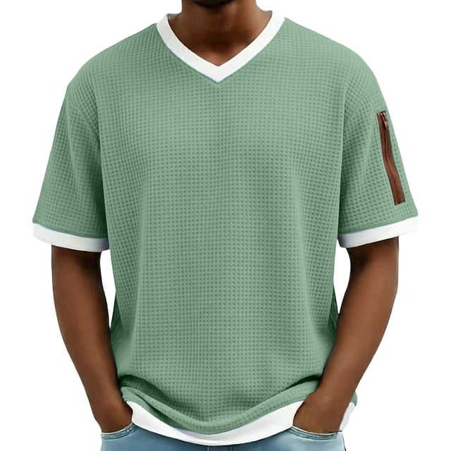 Hombro Frío Tops Hombres de Malla Respirable Manga Corta Cuello en V Color Sólido Suéter Superior