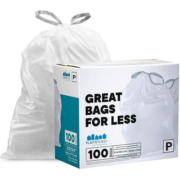 Plasticplace Custom Fit Trash Bags, Compatible with Simplehuman Code P (100 Count), White Drawstring Garbage Bags, 13-16 Gallon, Thick Tear-Resistant Strong & Durable, 23.5" x 31.5" Trashbags 1.2 Mil