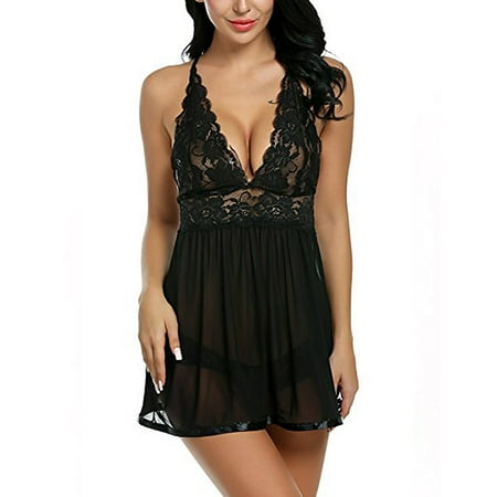 Sexy Lingerie for Women Black Lace Bodysuit Set 2 Pieces Deep V Babydoll Chemise Nightgown Plus Size