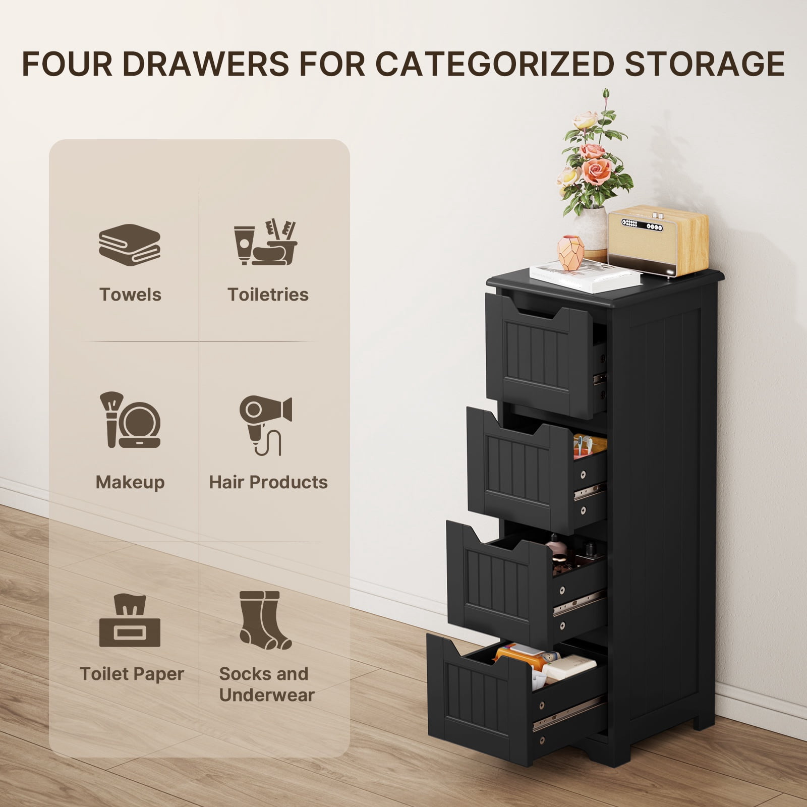 Storage Cabinet, Small Free Standing Narrow Cabinet with 4 Drawers for Living Room, Bedroom, Bathroom,Black