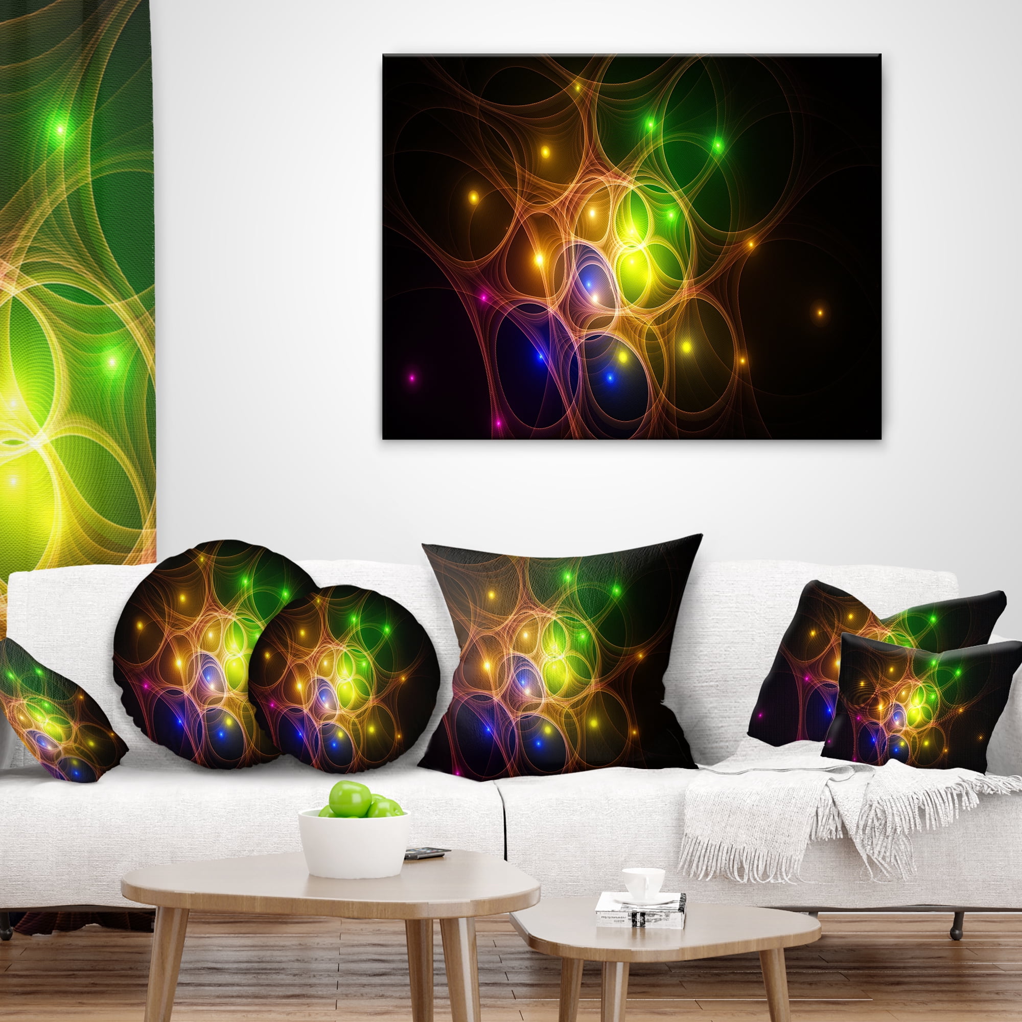 Designart Yellow Fractal Space Circles - Abstract Throw Pillow - 16x16