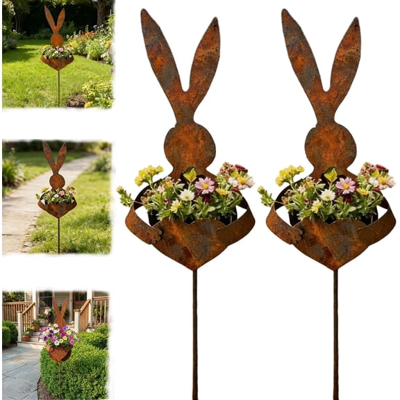 Easter Vintage Metal Rabbit Shaped Planter Garden Stake, Rustic Patina Finish Bunny Decor, for Outdoor Garden Yard, for Celebrate Easter Outdoors (2Pcs)