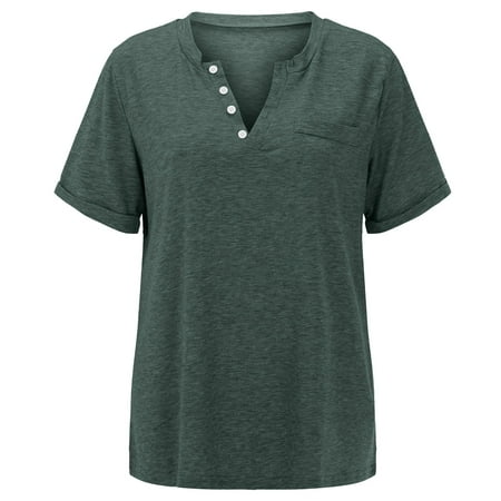 

Women s Tops V Neck Button Fashion Solid Color Short Sleeved Pocket Loose T Shirt Ladies Tops Short Sleeve Top Pajama