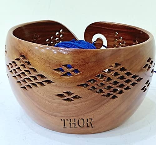 Wood Yarn Storage Bowl with Carved Holes & Drills Knitting Crochet Accessories