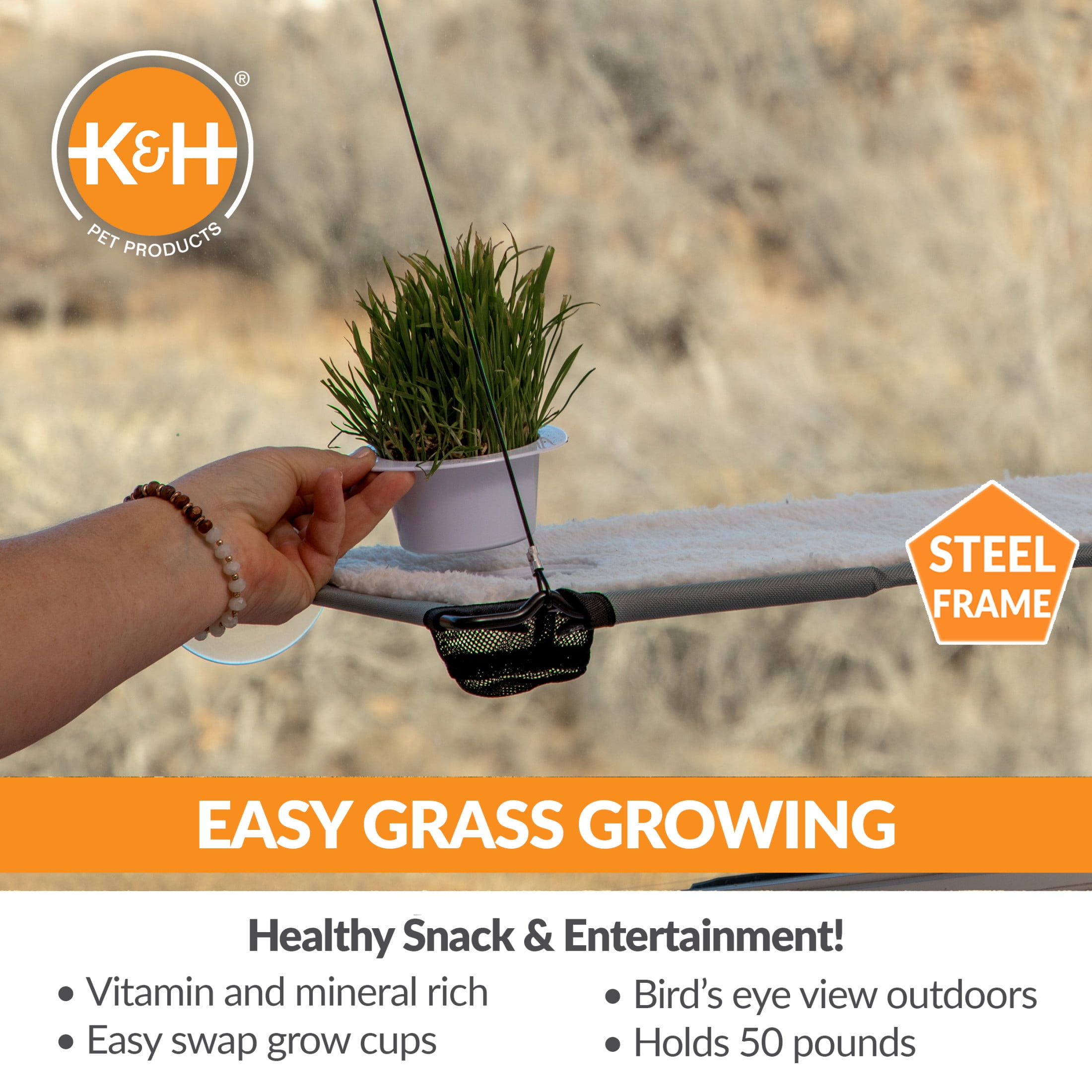 K&H Pet Products Window Lounger Cat Perch with Cat Grass Grow Station Single Level Natural 23 X 12 Inches