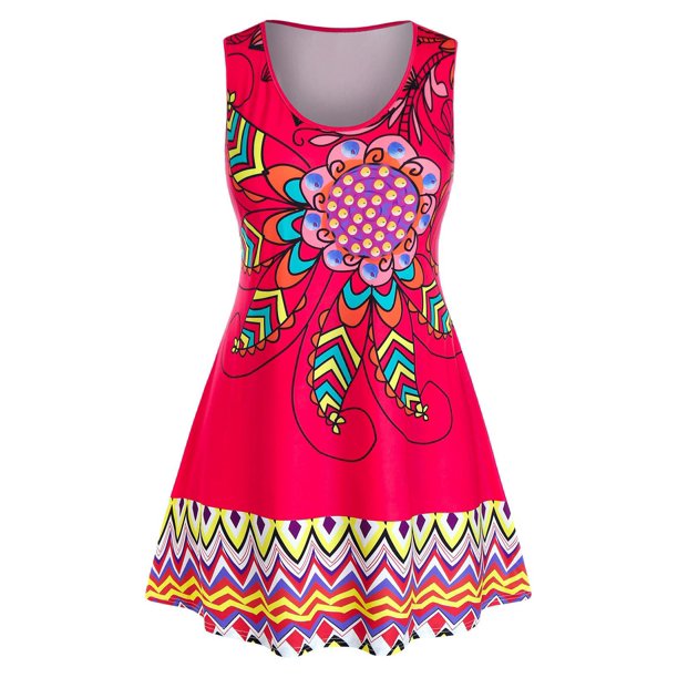 Más el tamaño de la impresión floral de zigzag sin mangas Rosegal Camisetas sin mangas de talla grande