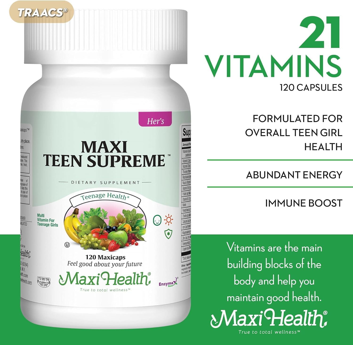 Maxi Health Teen Supreme Her – Multivitamin for Teen Girls with D3, Iron, Calcium & Enzymes – 120 Capsules