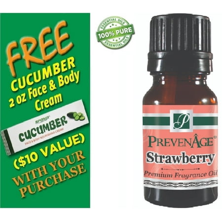 Best Stawberry Fragrance Oil 10 mL - Top Scented Perfume Oil - Premium Grade - by Prevenage - Includes FREE Cucumber Face & Body Nourishing