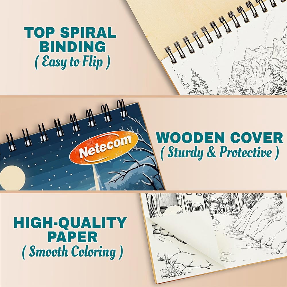 Netecom Winter Village Coloring Book Spiral Bound for Adults, A5 Wooden Cover, 30 Serene Coloring Pages of Cozy Winter Villages for Stress Relief and Relaxation