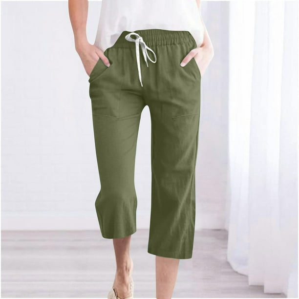 Lovskoo 2024 Womens Cotton Linen Capri Pants Drawstring High Waisted Straight Wide Leg Cropped Trouser with Pocket Olive Green S Walmart Business Supplies
