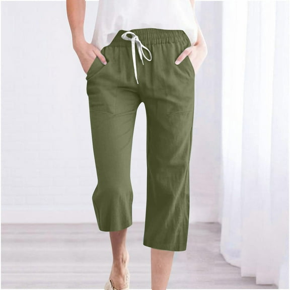 aohooy Womens Capris for Summer Army Green,Capri Pants for Women Casual 2024 Summer Drawstring Elastic High Waist Linen Pants Wide Leg Plus Size Lounge Capris Army Green,XL