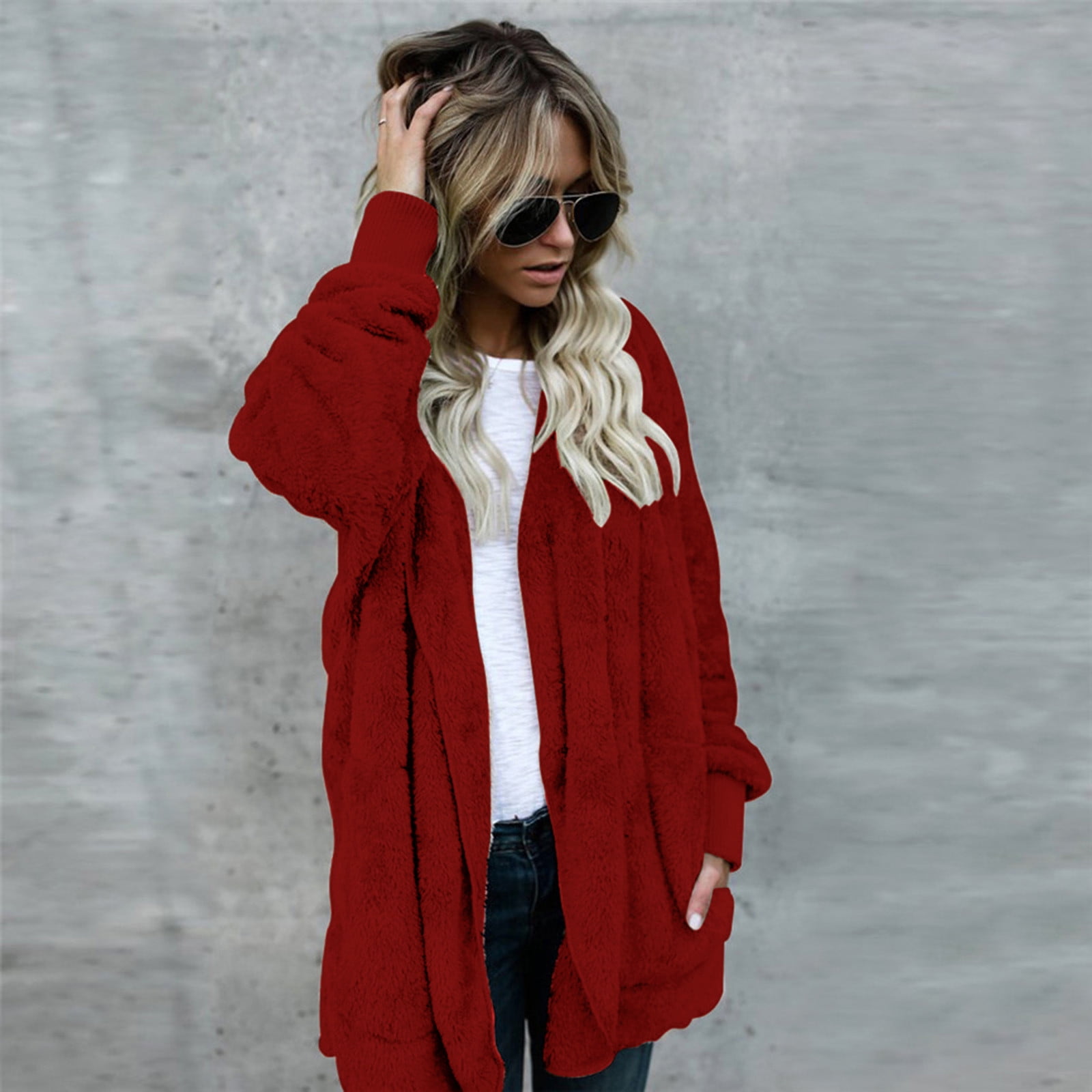 Women S Autumn And Winter Solid Color Pocket Plush Warm Cardigan Mid Length Double Sided Jacket Walmart Com Women S Autumn And Winter Solid Color Pocket Plush Warm Cardigan Mid Length Double Sided Jacket Walmart Com
