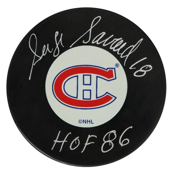 Serge Savard Signed Montreal Canadians Large Logo Hockey Puck w/HOF'86