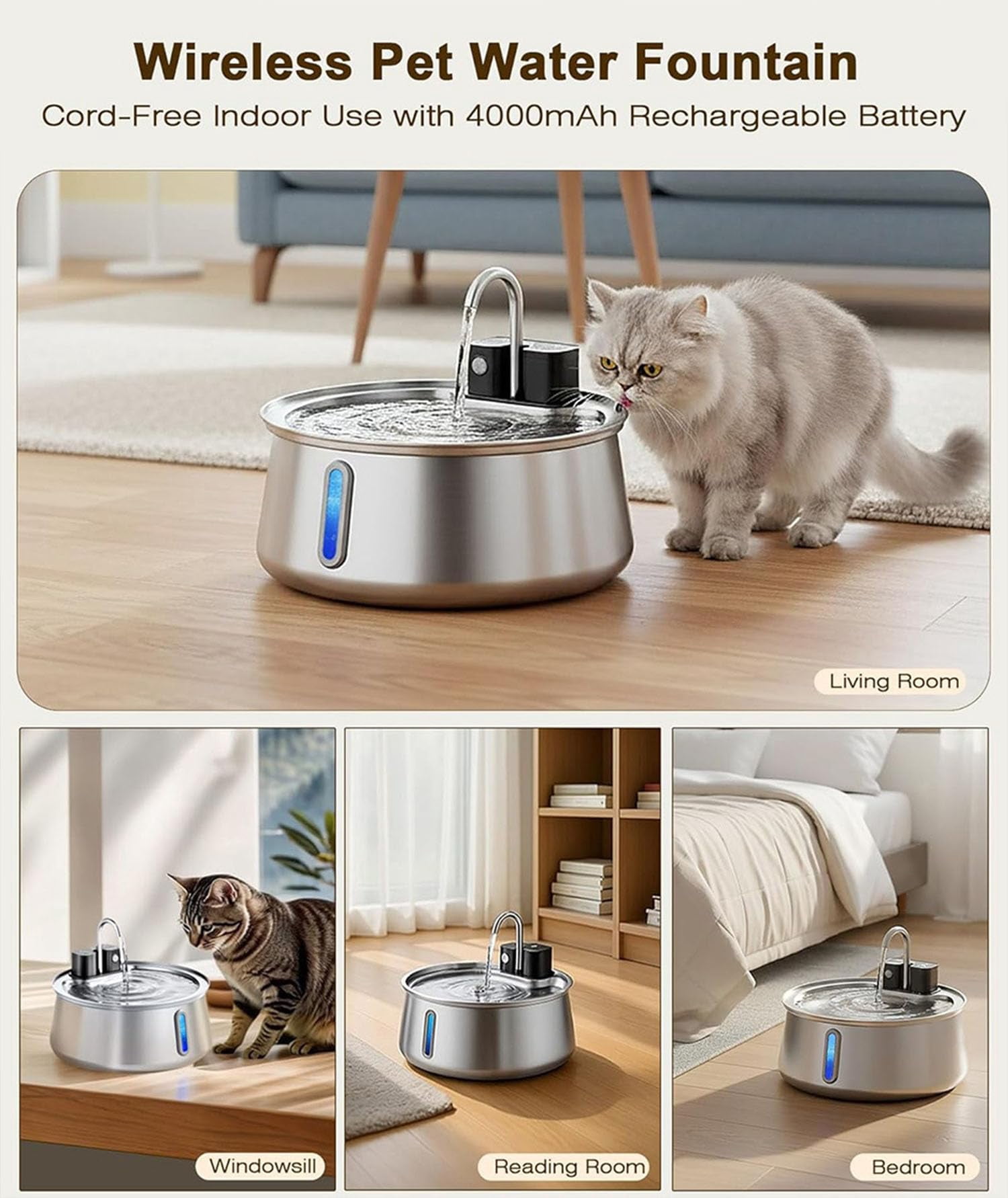 nuyezo Dog Water Fountain, 4L Quiet Floor with Filter, Stainless Steel Rechargeable Pet Water Fountain for Indoor Cats & Dogs